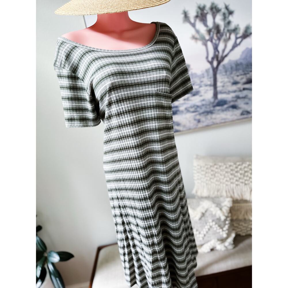 Soft Stripes + Slow Days casual slouchy tee shirt pocketed midi dress